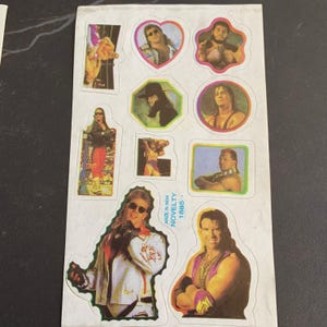 May include: A sheet of vintage stickers featuring various professional wrestlers. The stickers are in various shapes, including hearts, circles, and squares. The wrestlers are depicted in action poses and portraits, with vibrant colors and detailed designs. The text "MADE IN INDIA NOVELTY 1885" is printed on the sheet.