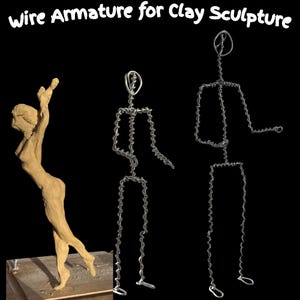 May include: Image features wire armatures for clay sculpture, alongside a finished clay figure. The armatures are made of silver wire, shaped into human forms. The clay figure is a nude woman in a dynamic pose. Text at the top reads "Wire Armature for Clay Sculpture."