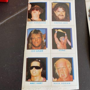 May include: A sheet of vintage wrestling trading cards featuring portraits of wrestlers such as Sgt. Slaughter, Cactus Jack, Lex Luger, Sting, Bret Hart, and Hulk Hogan. Each card has the wrestler's name printed below their image.