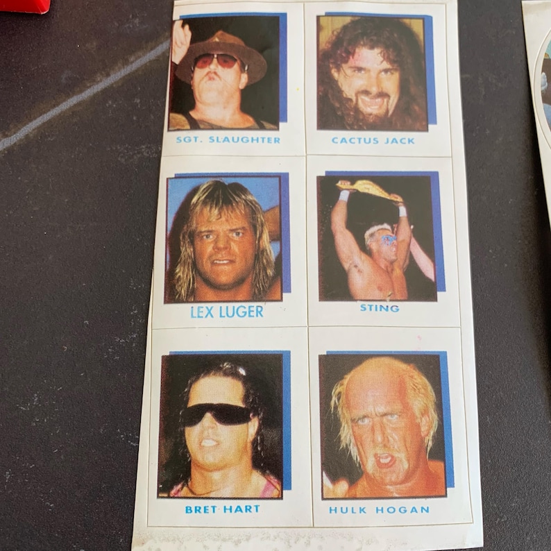 May include: A sheet of vintage wrestling trading cards featuring portraits of wrestlers such as Sgt. Slaughter, Cactus Jack, Lex Luger, Sting, Bret Hart, and Hulk Hogan. Each card has the wrestler's name printed below their image.