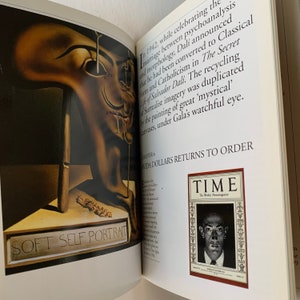 May include: An open book with a painting of a distorted human face on the left page. The right page features a magazine cover with the word "TIME" in red and white lettering. The magazine cover features a black and white photo of a man with a serious expression.
