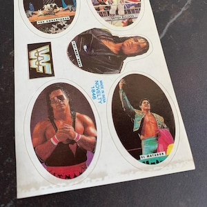 May include: Sheet of vintage wrestling stickers featuring wrestlers like Bret Hart, The Undertaker, and El Matador. The stickers are oval-shaped and have a white border. The WWF logo is also visible. The text "MADE IN INDIA NOVELTY 1846" is printed on the sheet.