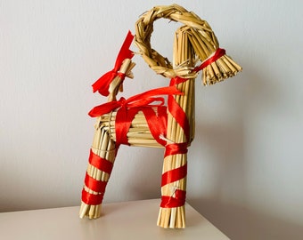 IKEA Vinterfint - Goat - Handmade Straw Xmas Decoration Red Ribbon Scandinavian