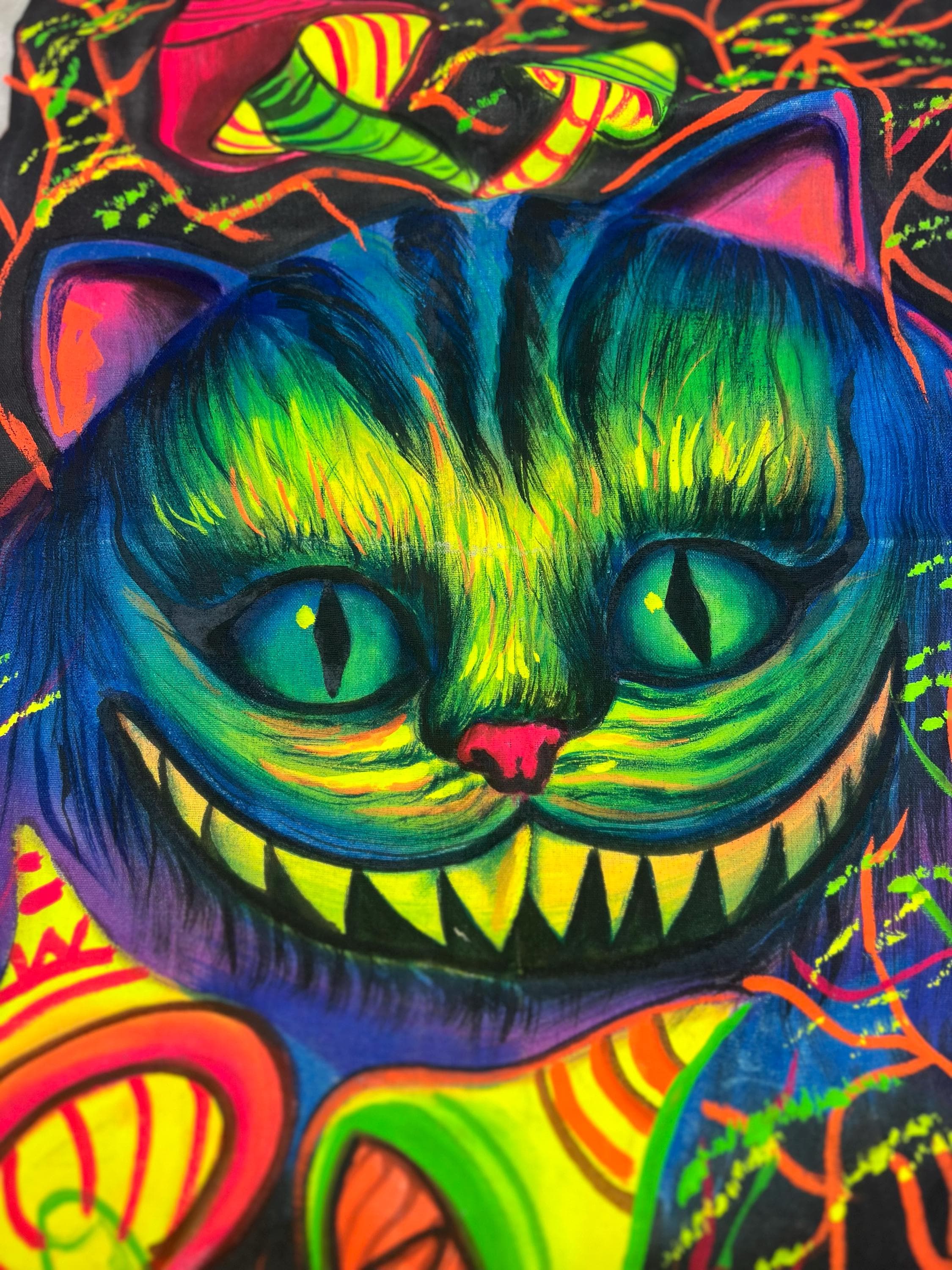 Psychedelic Cheshire Cat UV Art Tapestry | Hand-painted Blacklight