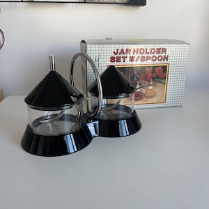 Vintage Doppel-Gewürzset mit Löffeln, schwarzer Chrom-Marmeladen- und Senfspender, Retro-Küchentisch-Organizer, Originalverpackung