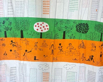 May include: A colorful fabric with a whimsical design featuring cityscapes, trees, and children at play. The design includes buildings, trees, clouds, and children engaged in various activities, such as jumping rope and playing ball.