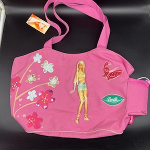Barbie Tote Bag with Bottle Holder – Pink Floral Beach Bag – Y2K Mattel Original with Tag – Rare Vintage Barbie Purse 2005