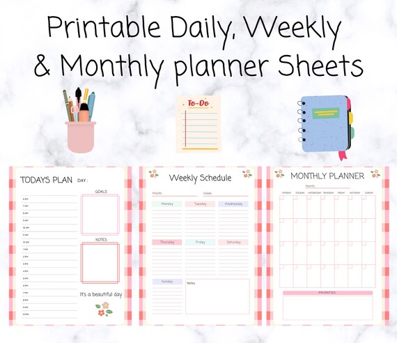 Printable Daily Weekly &amp; Monthly Planner Sheets Instant - Etsy