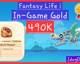 May include: An image promoting in-game gold for "Fantasy Life i." It features a sack of copper, a dragon, and the text "490K." The eBay top-rated seller badge is also visible.