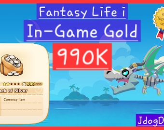 May include: An image with the text "Fantasy Life i In-Game Gold" and "990K". It also features a cartoon dragon and a sack of silver coins labeled "Sack of Silver". The image has an "eBay Top-rated seller" badge.