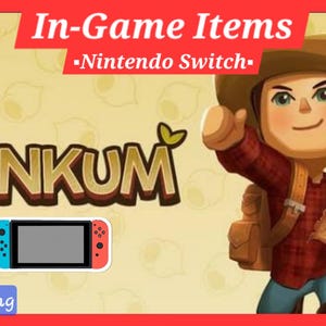 May include: Image promoting "Dinkum" game on Nintendo Switch. Features a cartoon character with a map, a Switch console, and the game's logo. Text includes "In-Game Items" and "Nintendo Switch."