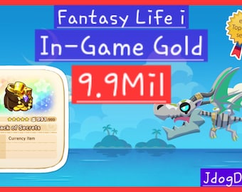 May include: An image promoting "Fantasy Life i" in-game gold. The graphic includes a "Sack of Secrets" icon, a dragon illustration, and the text "9.9Mil." The eBay top-rated seller badge is also visible.