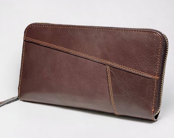 Leather wallet, Zipper Wallet, Long Retro Wallet, Men and Women - Real Leather Long Wallet - Genuine leather Wallet