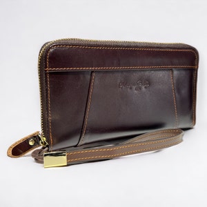 Cartera Learher, Cartera de cuero genuino, Bolsa de teléfono Cartera larga retro, Hombres y mujeres - Cartera larga de cuero real - Cartera con cremallera