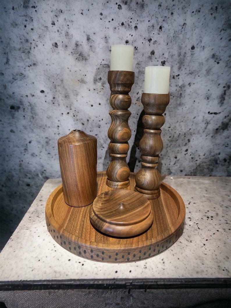 Handmade Walnut Wood Set, 2 Candle Holder, 1 Wooden Pot, 1 Incense sticks holder and Wooden Plate, Handmade Gift, Rustic Set image 2