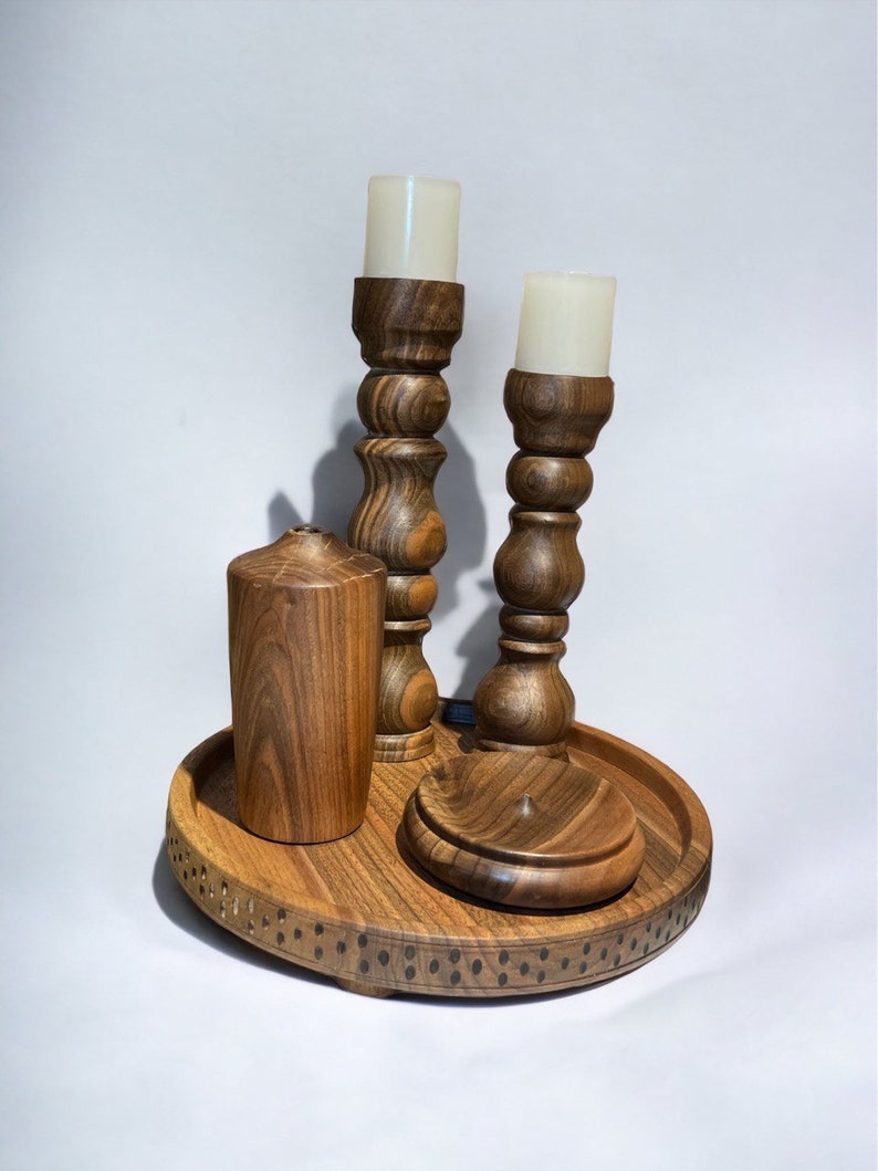 Handmade Walnut Wood Set, 2 Candle Holder, 1 Wooden Pot, 1 Incense sticks holder and Wooden Plate, Handmade Gift, Rustic Set image 5