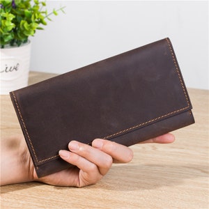 Carteira longa masculina de couro genuíno, bolsa porta-cartão masculina de couro real, carteiras de couro de primeira camada