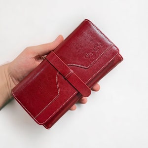 Long Wallet Purse for Women and  Girls Genuine Cowhide Leather Fashion Clutch Bag Phone Pocket Wallets Rfid Blocking - Wine Red Wallet