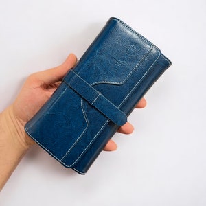 Long Wallet Purse for Women and Girls Genuine Cowhide Leather Fashion Clutch Bag Phone Pocket Wallets Rfid Blocking - Blue Leather Wallet