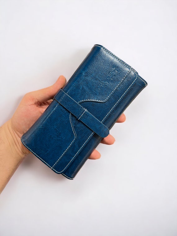 Long Wallet Purse for Women and Girls Genuine Cowhide Leather Fashion Clutch Bag Phone Pocket Wallets RFID Blocking Blue Leather Wallet
