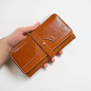 Monedero largo para mujeres y niñas Cuero de vaca genuino Bolso de mano de moda Carteras de bolsillo para teléfono Bloqueo Rfid - Cartera marrón