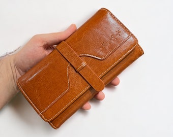 Long portefeuille sac à main pour femmes et filles en cuir de vachette véritable mode pochette téléphone poche portefeuilles blocage Rfid - portefeuille marron