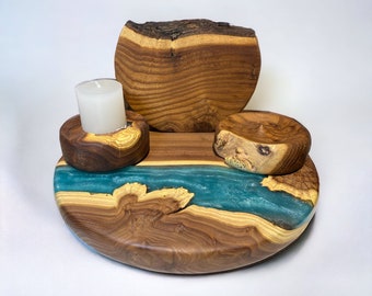 Epoxid und Holz Set, Handgemachtes Holz Set, Harz Epoxy Ständer, Räucherstäbchen Halter, Kerzenhalter, Holz Vase, Handgemachtes Geschenk, Rustikales Geschenk