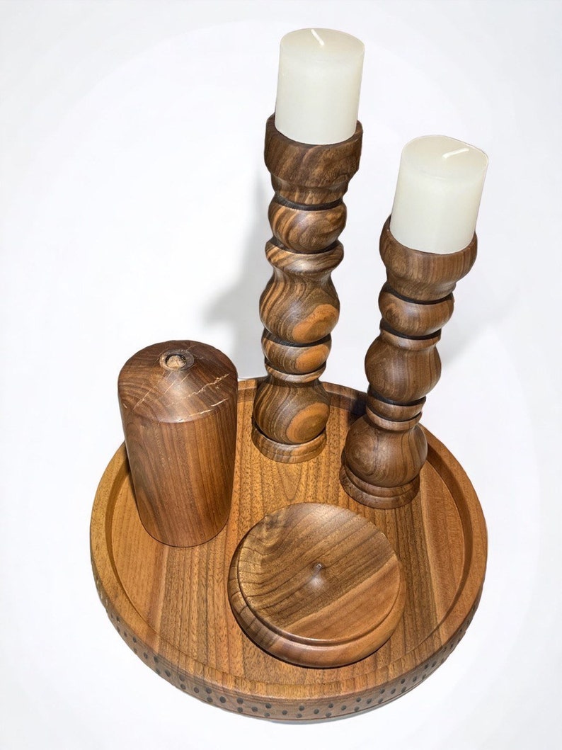 Handmade Walnut Wood Set, 2 Candle Holder, 1 Wooden Pot, 1 Incense sticks holder and Wooden Plate, Handmade Gift, Rustic Set image 6