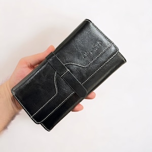 Monedero largo para mujeres y niñas Cuero de vaca genuino Bolso de mano de moda Carteras de bolsillo para teléfono Bloqueo Rfid - Cartera de cuero negro