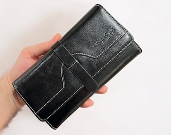 Long Wallet Purse for Women and Girls Genuine  Cowhide Leather Fashion Clutch Bag Phone Pocket Wallets Rfid Blocking - Black Leather Wallet