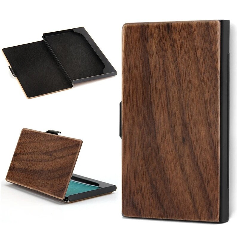 High quality business card holder made of walnut wood and metal Stylish card case for men and women Perfect gift image 9