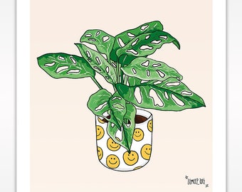A4 Pop Art Potted Monstera Plant Smiley Print