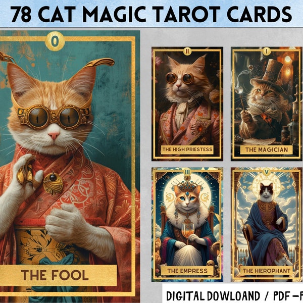 78 CAT Magic Theme Digital Tarot Cards - Printable Tarot Deck -  Digital Cards deck - Printable Oracle