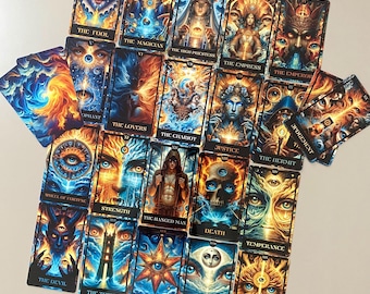 May include: A tarot deck with colorful, detailed illustrations on each card. The cards feature a variety of imagery, including people, animals, and symbols. The cards are arranged in a grid pattern, with the names of each card printed on the bottom.