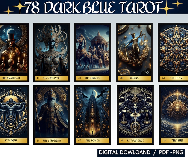 78 Dark Blue Gold Tarot Cards - Printable Oracle Deck (PNG) - Etsy