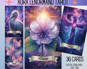 May include: Aura Lenormand Tarot card deck with 36 cards. The cards feature watercolor illustrations of a stork, mice, a large flower, and a cross. The background is a mix of purple, blue, and gold.