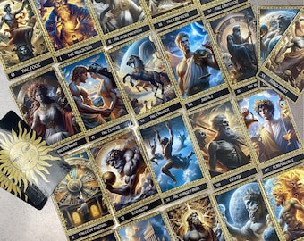 May include: A tarot deck with gold accents and illustrations of mythological figures. The cards feature a variety of scenes, including a chariot, a hanged man, and a figure holding a scale. The cards are numbered 0 through 21.