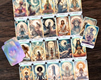 May include: A full deck of tarot cards with colorful illustrations of people and symbols. The cards are arranged in a grid pattern on a wooden surface. Each card has a number and a title, such as "The Fool" and "The Magician".