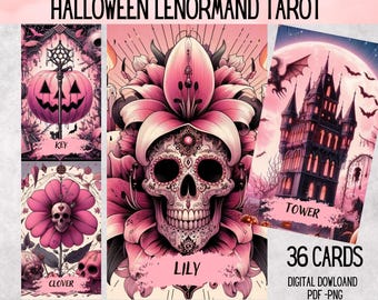 May include: A set of Halloween Lenormand tarot cards with a pink and black color scheme. The cards feature illustrations of a pumpkin, skull, flower, and castle. The text on the cards includes "KEY", "LILY", "CLOVER", and "TOWER". The set includes 36 cards.