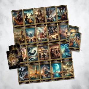 May include: A collection of tarot cards featuring intricate, detailed illustrations of Venetian-inspired scenes and figures. Each card is framed in a gold border with black text at the bottom identifying the card name and Roman numeral.