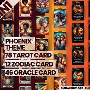 Jeu de cartes 3 en 1 Phoenix thème tarot, zodiaque et Oracle, lot de cartes de tarot - jeu de tarot imprimable - jeu de cartes numériques - Oracle imprimable