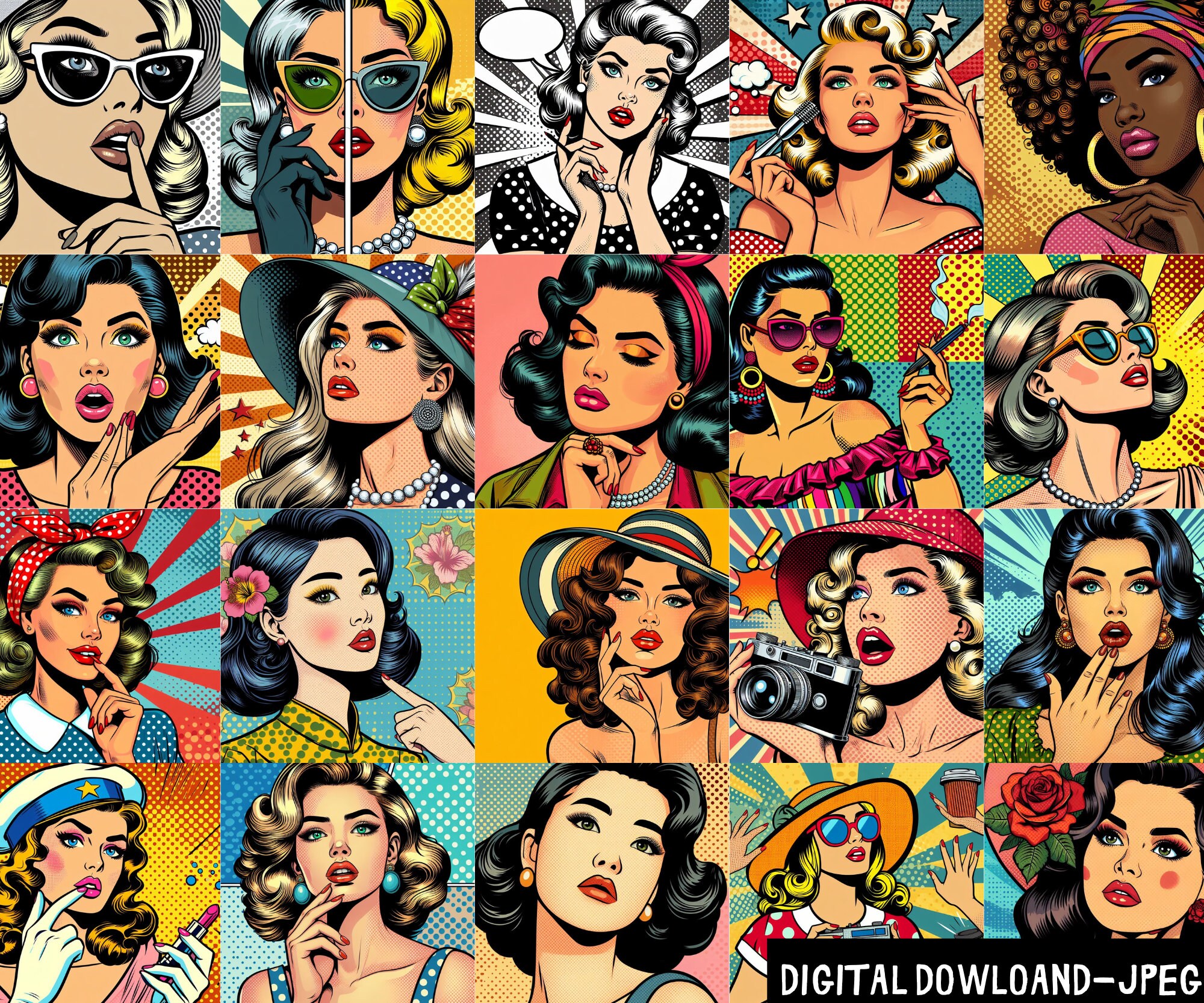 100 Retro Women Pop Art Prints Vintage Wall Collage Kit digital 100 Retro Women Pop Art Prints Vintage Wall Collage Kit digital