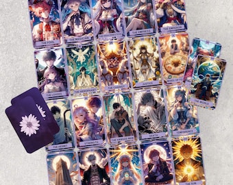 May include: A deck of tarot cards featuring colorful illustrations of various figures and symbols. Each card is labeled with its corresponding name, such as "The Fool," "The Magician," and "The Lovers." Two additional cards with a daisy design are also visible.