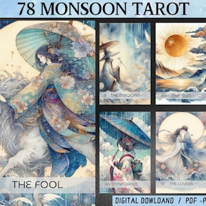 78 carte dei tarocchi digitali a tema monsone - mazzo di tarocchi stampabili ad acquerello - mazzo di carte digitali - oracolo stampabile
