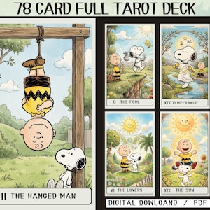 Pode incluir: Um baralho completo de tarot com 78 cartas apresentando personagens Peanuts em várias cenas. A carta principal mostra Charlie Brown pendurado de cabeça para baixo numa viga de madeira rotulada XII THE HANGED MAN. Outras cartas incluem The Fool, Temperance, The Lovers e The Sun.