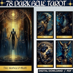 78 Ciemnoniebieskie Motywy Cyfrowe Karty Tarota - Wydrukowalna Złota Talia Tarota - Cyfrowa Talia Kart - Wydrukowalna Oracle