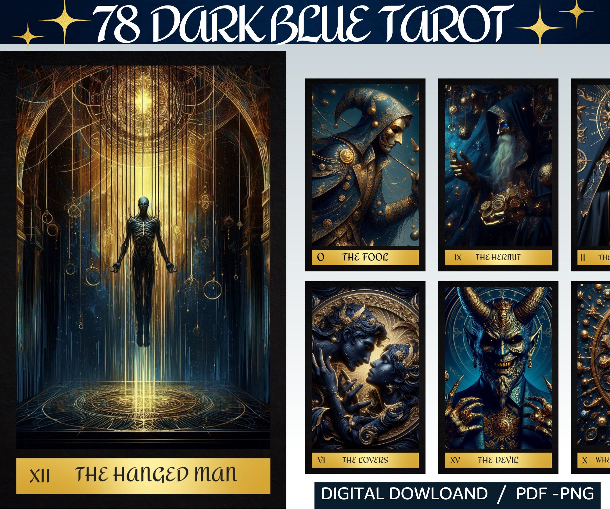 78 Dark Blue Gold Tarot Cards - Printable Oracle Deck (PNG) - Etsy