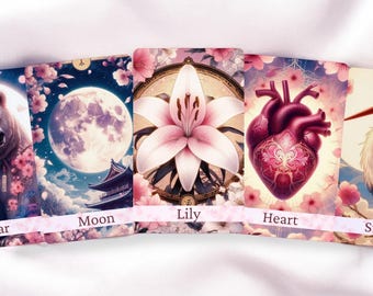 May include: Five tarot cards with pink floral borders and imagery. The cards are labeled "Bear", "Moon", "Lily", "Heart", and "Star".