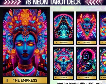 78 cartas de tarot neón: baraja digital imprimible (PNG)