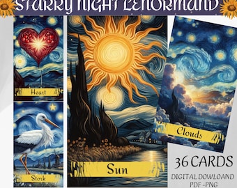 May include: A set of 36 Lenormand tarot cards featuring a starry night sky with a sun, clouds, a heart, and a stork. The cards are digital downloads in PDF and PNG format.